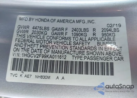 2019 Honda Accord Touring 2.0T z USA, uszkodzony, nr VIN 1HGCV2F99KA011612